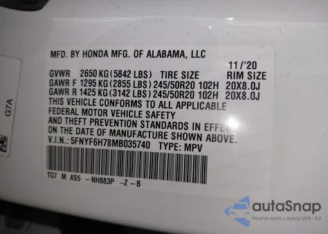 2021 Honda Pilot Awd Black Edition из США, поврежденный, VIN 5FNYF6H78MB035740